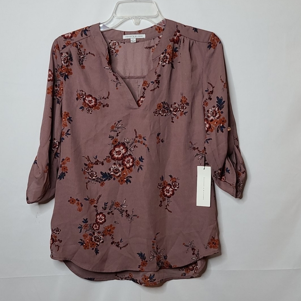 NWT Crescent & Willough vneck floral purple top blouse sz S